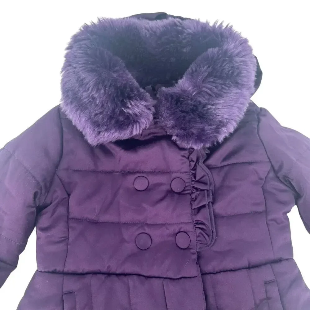 Rothschild Winter Coat Girls Purple Faux Fur Hooded Peplum Puffer Ruffle Size S